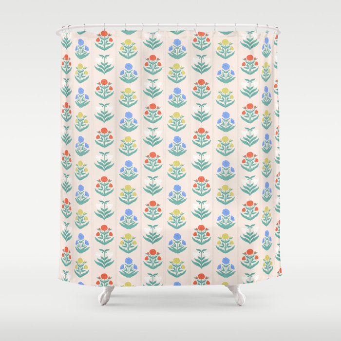 Block Print Flowers In Primary Shower Curtain