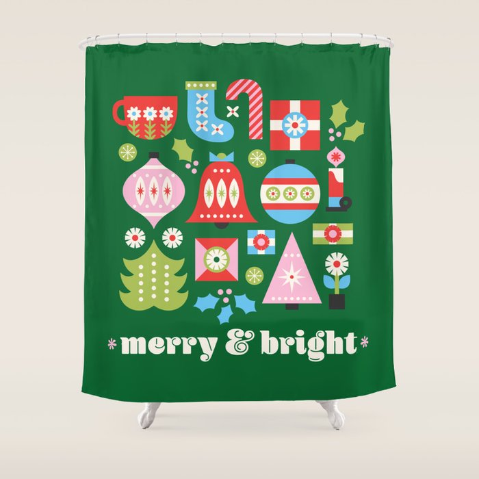 Merry & Bright Christmas | Green Shower Curtain
