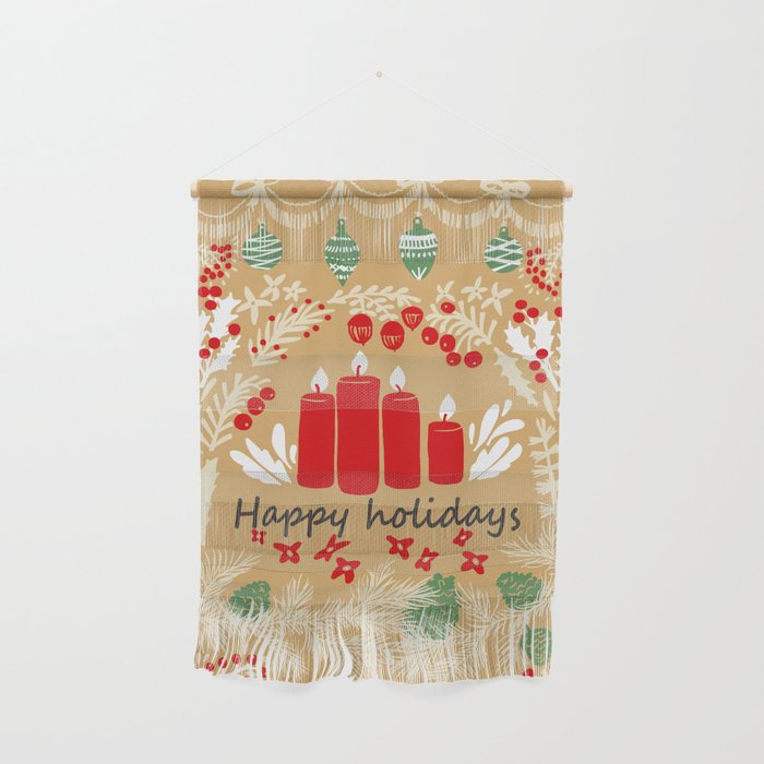 Happy Holidays Christmas Greetings - Folk Art Illustration Wall Hanging