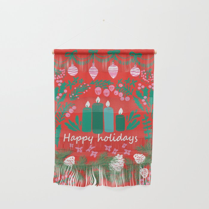 Happy Holidays Greetings - Folk Art Illustration Wall Hanging