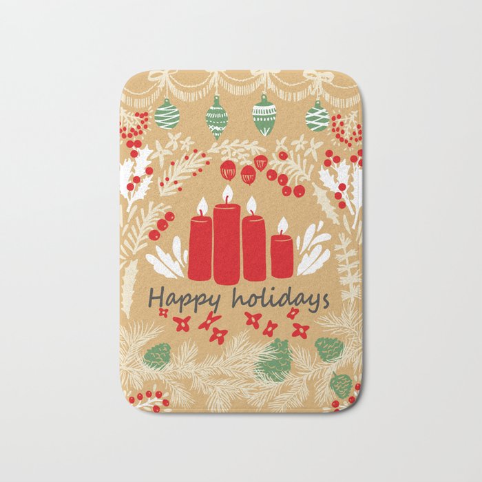 Happy Holidays Christmas Greetings - Folk Art Illustration Bath Mat