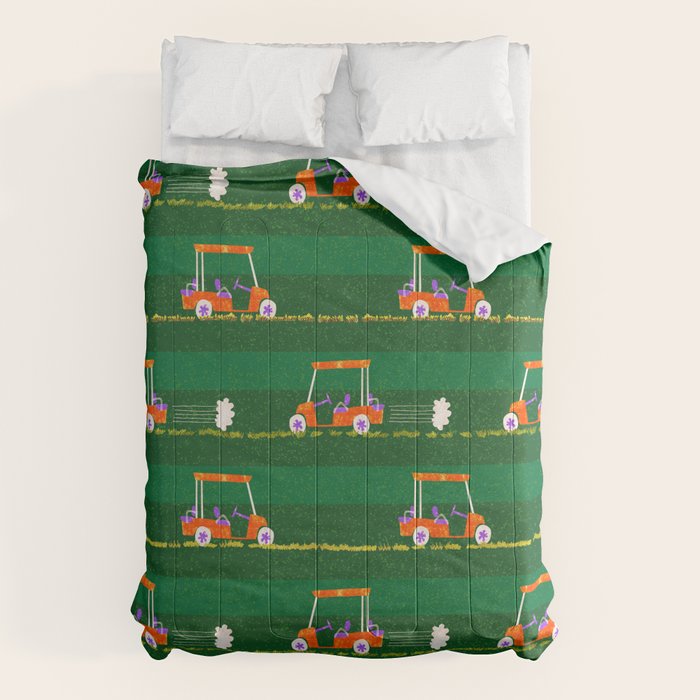 Retro Golf Cart Rides In Emerald Green & Orange Comforter