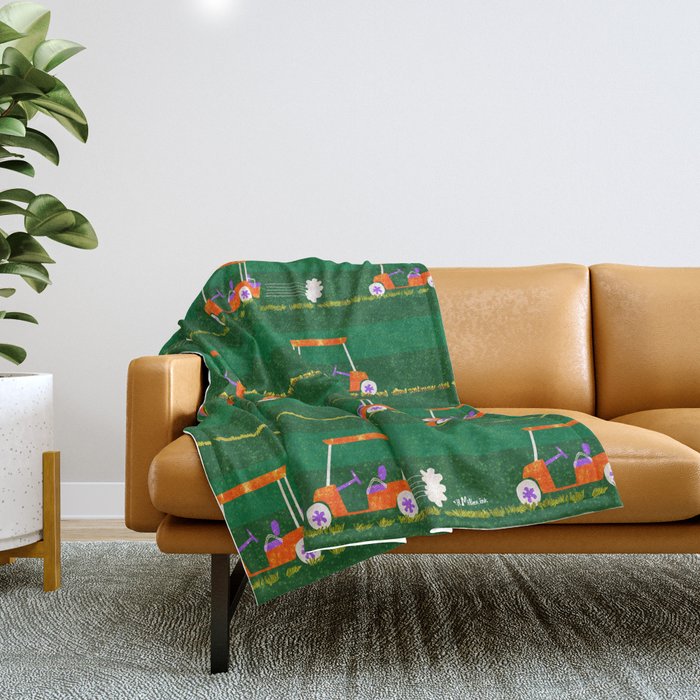 Retro Golf Cart Rides In Emerald Green & Orange Throw Blanket