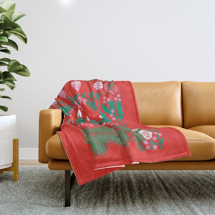 Happy Holidays Greetings - Folk Art Illustration Throw Blanket