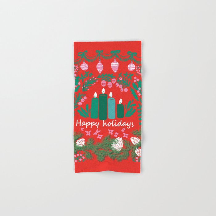 Happy Holidays Greetings - Folk Art Illustration Bath Towel