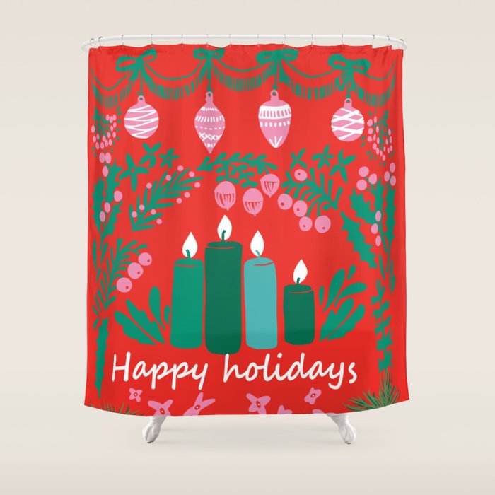 Happy Holidays Greetings - Folk Art Illustration Shower Curtain