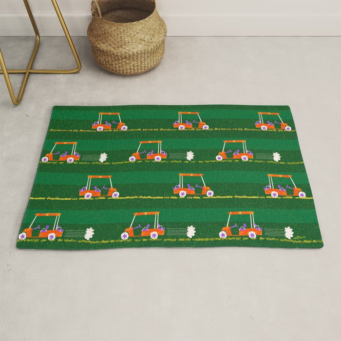 Retro Golf Cart Rides In Emerald Green & Orange Rug