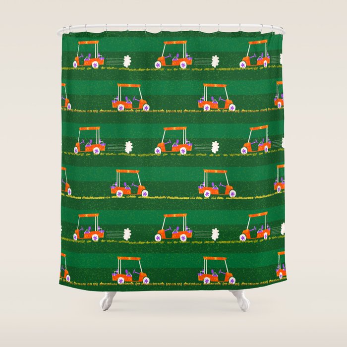 Retro Golf Cart Rides In Emerald Green & Orange Shower Curtain