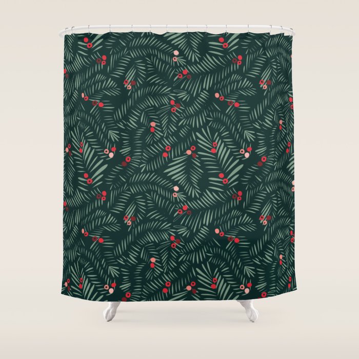 Winter Christmas Time Green Fir Branches Shower Curtain