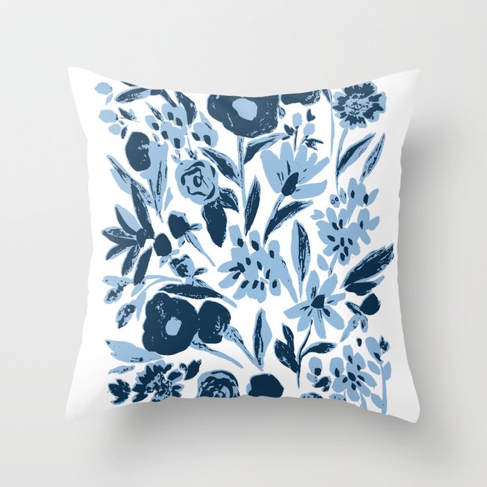 Blue Monochrome Artsy Wildflowers Throw Pillow