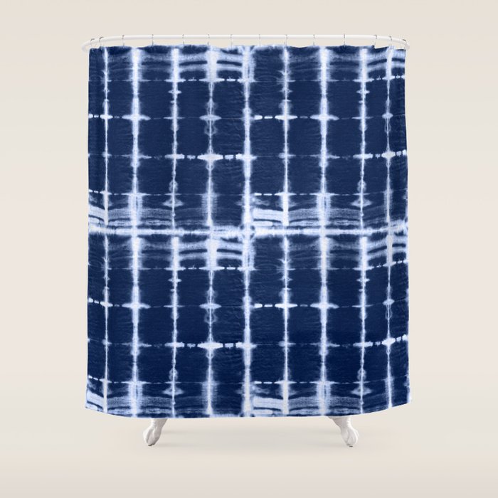 Shibori Itajime Indigo Square Pattern Shower Curtain