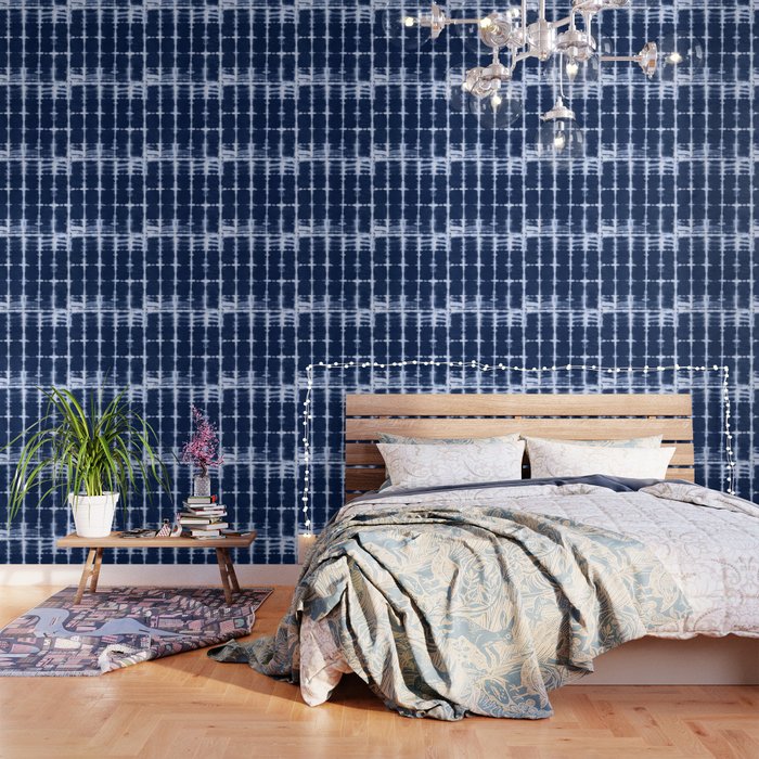 Shibori Itajime Indigo Square Pattern Wallpaper