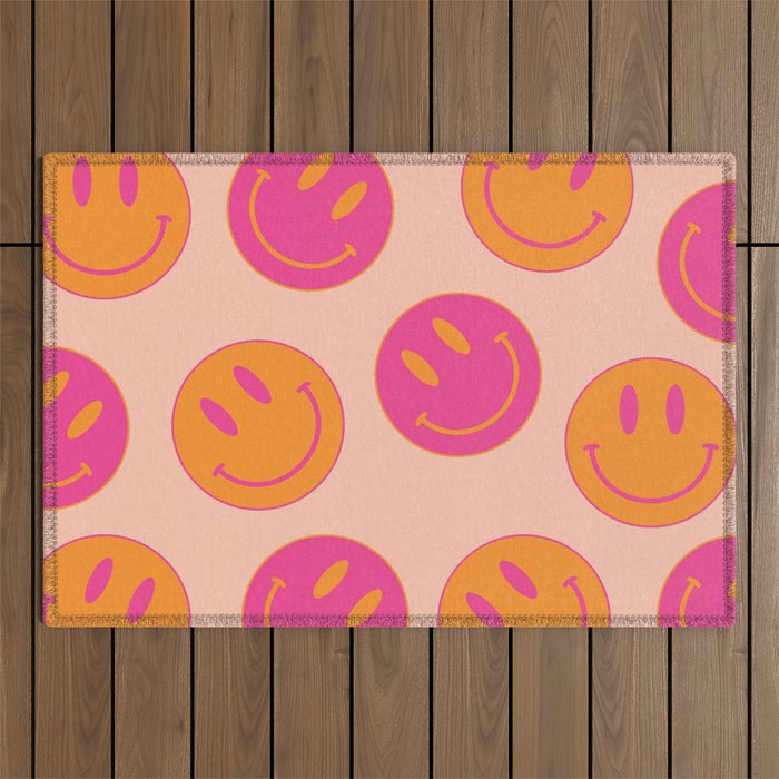 Retro Groovy Smiley Face Poster - Pink And Orange 90s Vibes Outdoor Rug
