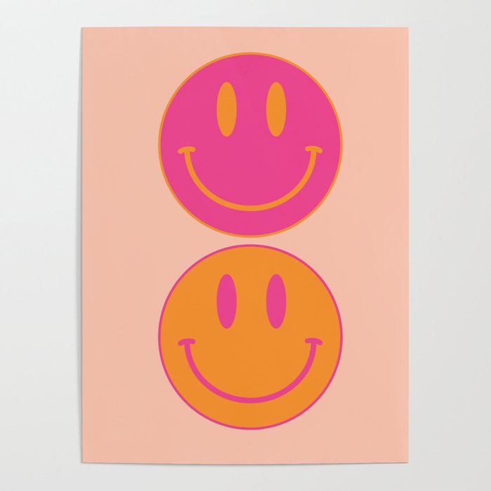 Retro Groovy Smiley Face Poster - Pink And Orange 90s Vibes Poster