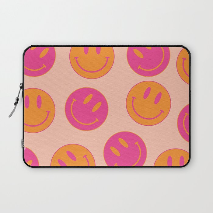 Retro Groovy Smiley Face Poster - Pink And Orange 90s Vibes Laptop Sleeve