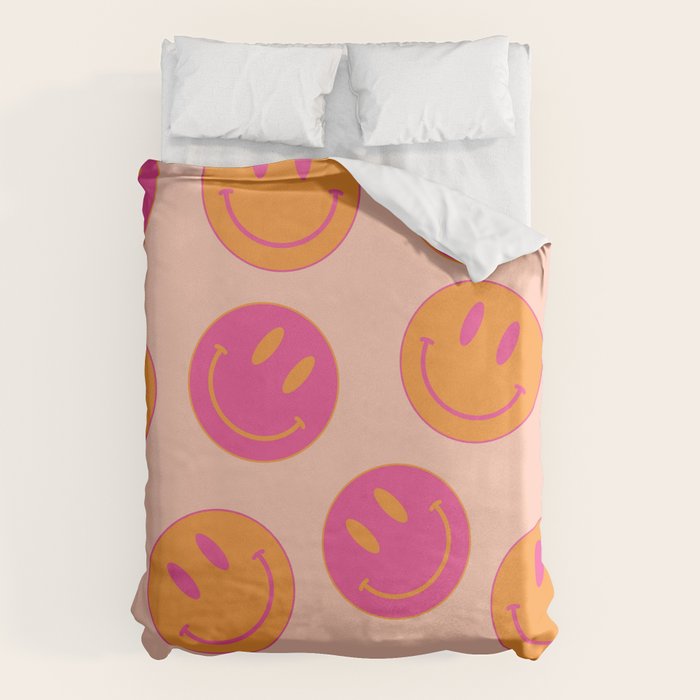 Retro Groovy Smiley Face Poster - Pink And Orange 90s Vibes Duvet Cover