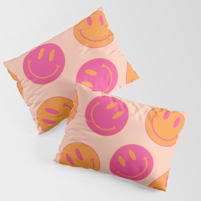 Retro Groovy Smiley Face Poster - Pink And Orange 90s Vibes Pillow Sham