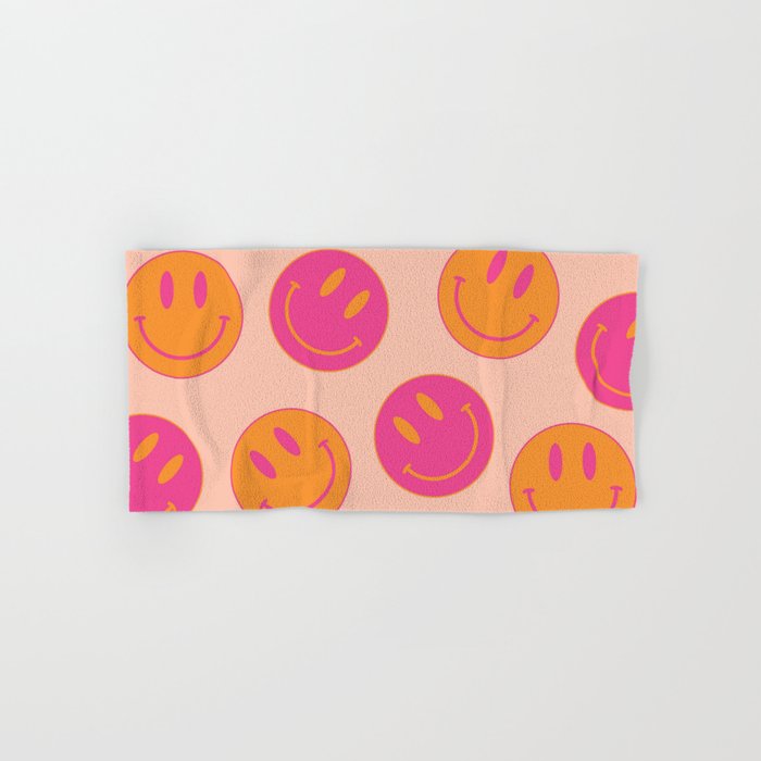 Retro Groovy Smiley Face Poster - Pink And Orange 90s Vibes Bath Towel