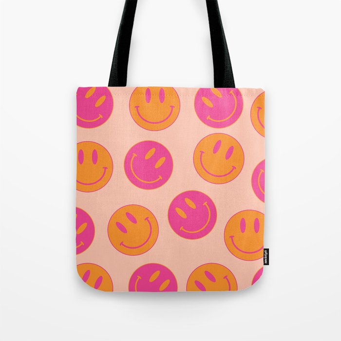 Retro Groovy Smiley Face Poster - Pink And Orange 90s Vibes Tote Bag