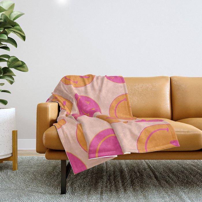 Retro Groovy Smiley Face Poster - Pink And Orange 90s Vibes Throw Blanket