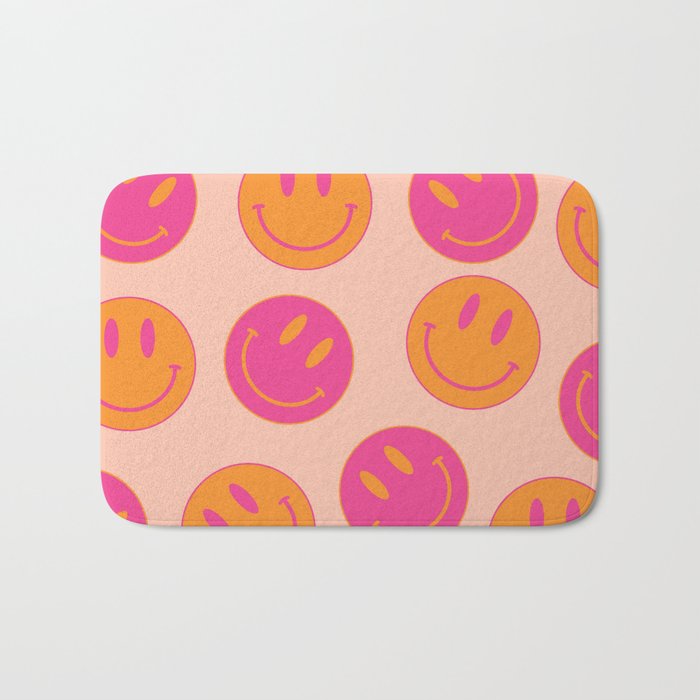 Retro Groovy Smiley Face Poster - Pink And Orange 90s Vibes Bath Mat