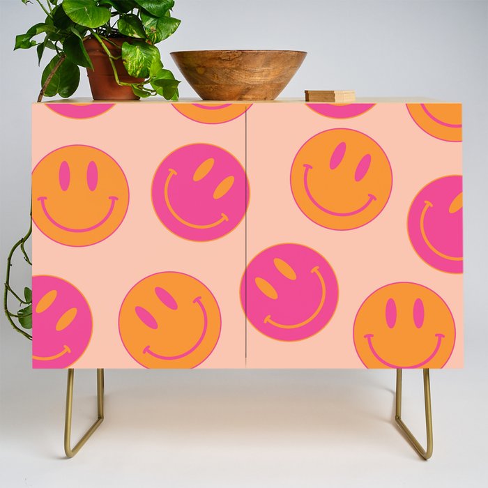 Retro Groovy Smiley Face Poster - Pink And Orange 90s Vibes Credenza