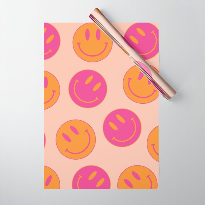 Retro Groovy Smiley Face Poster - Pink And Orange 90s Vibes Wrapping Paper