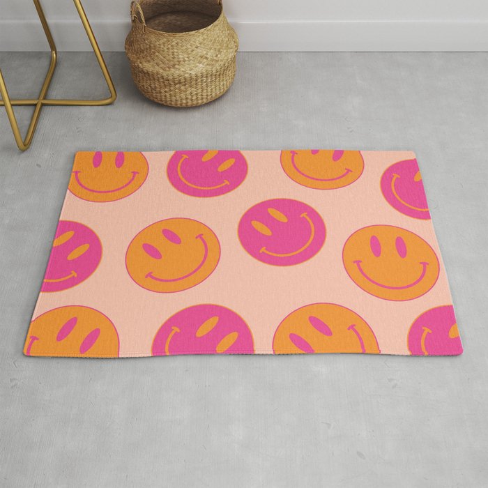 Retro Groovy Smiley Face Poster - Pink And Orange 90s Vibes Rug