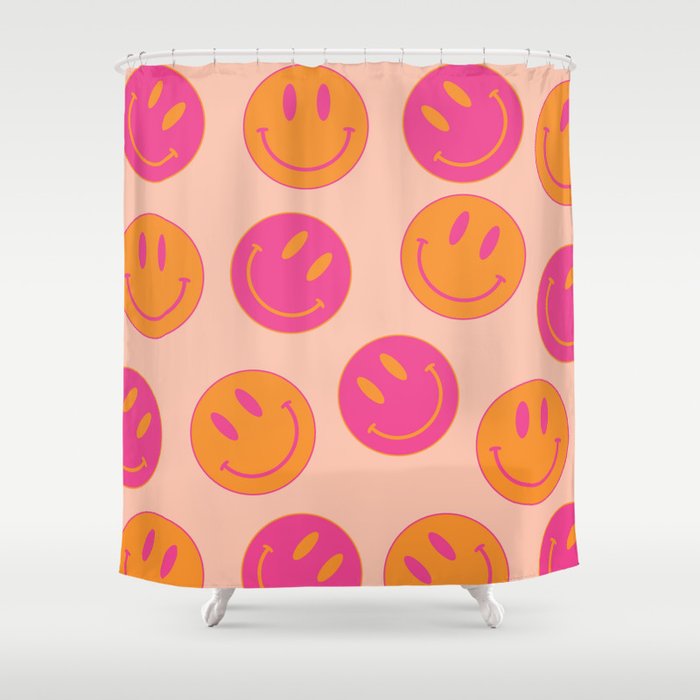 Retro Groovy Smiley Face Poster - Pink And Orange 90s Vibes Shower Curtain