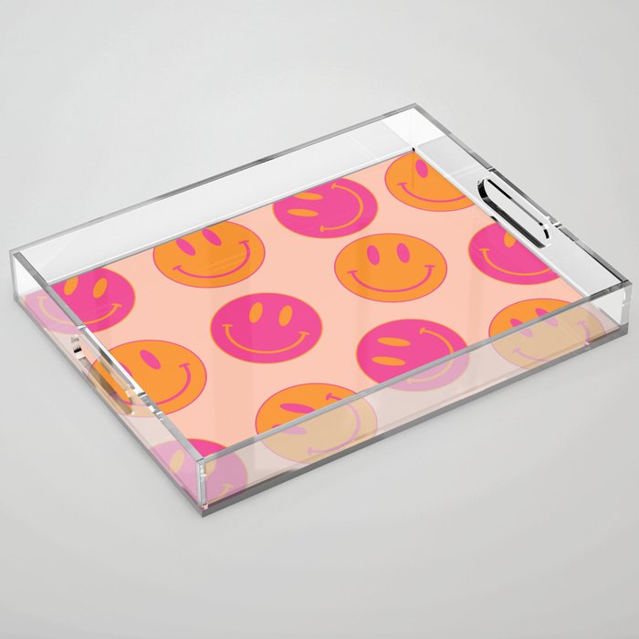 Retro Groovy Smiley Face Poster - Pink And Orange 90s Vibes Acrylic Tray