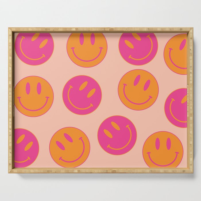 Retro Groovy Smiley Face Poster - Pink And Orange 90s Vibes Serving Tray