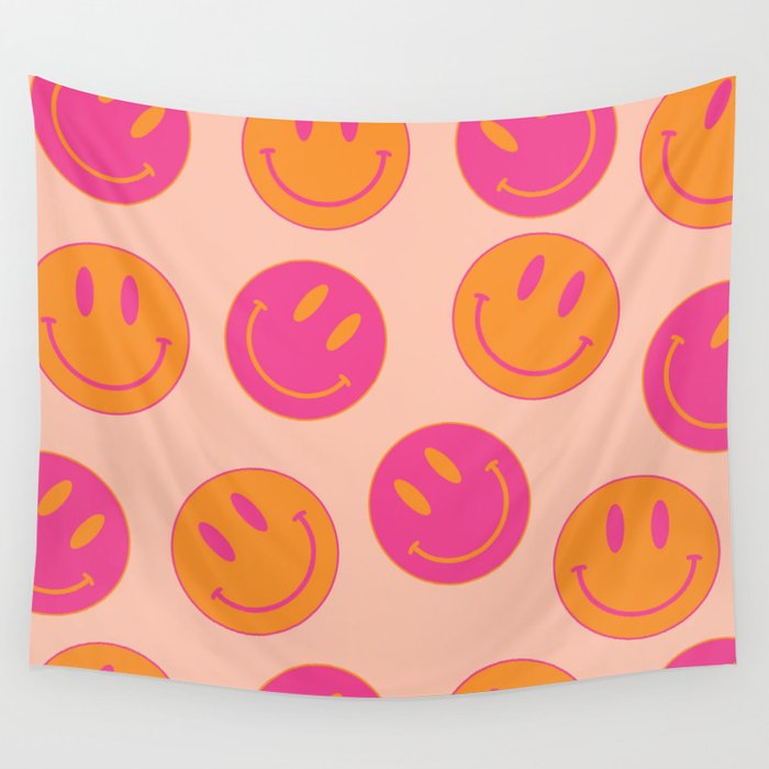 Retro Groovy Smiley Face Poster - Pink And Orange 90s Vibes Wall Tapestry