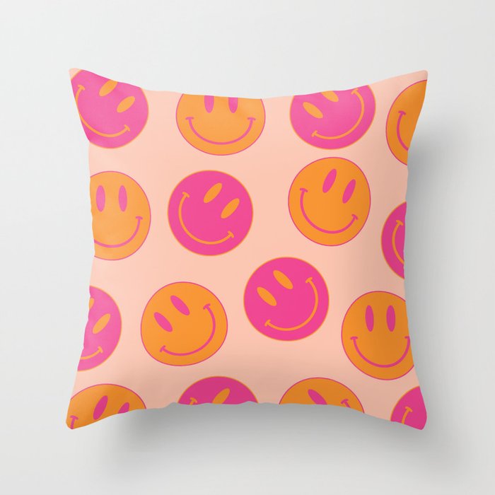 Retro Groovy Smiley Face Poster - Pink And Orange 90s Vibes Throw Pillow