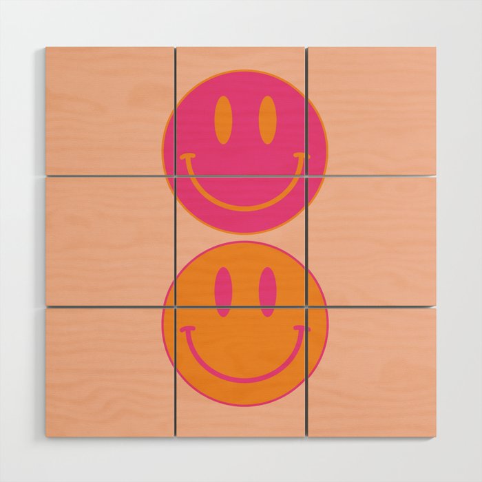 Retro Groovy Smiley Face Poster - Pink And Orange 90s Vibes Wood Wall Art