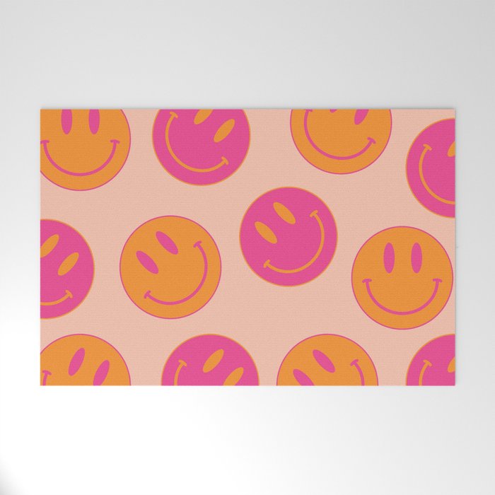 Retro Groovy Smiley Face Poster - Pink And Orange 90s Vibes Welcome Mat
