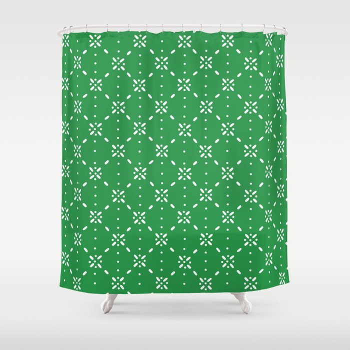Christmas Snowflake Vector With Simple Modern White Stitches On Green Background Pattern Shower Curtain