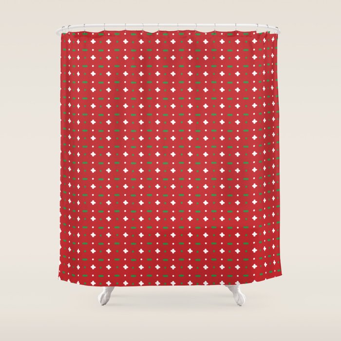 Christmas Vector Green And White Horizontal And Vertical Stitches Aligned On Red Background Seamless Shower Curtain