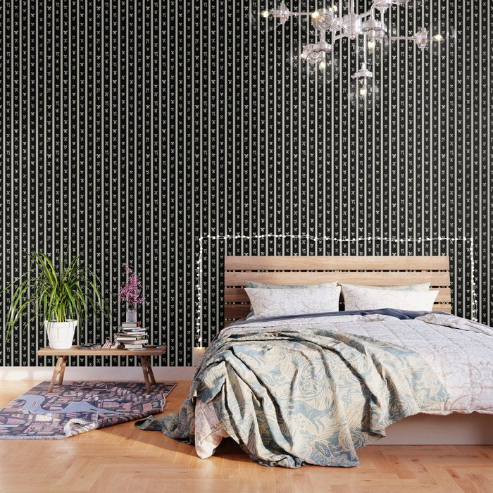 Coquette Beige Bows On A Black And Beige Stripes Background Pattern Wallpaper
