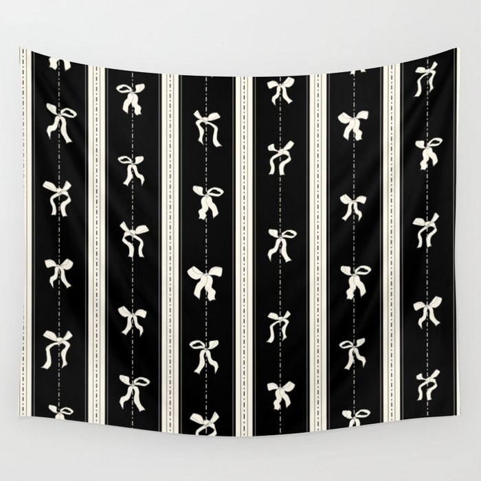 Coquette Beige Bows On A Black And Beige Stripes Background Pattern Wall Tapestry