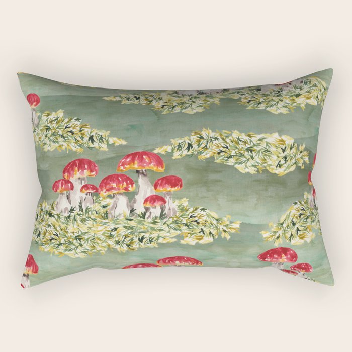 Watercolor Moss And Mushroom Mosaic Pattern Rectangular Pillow