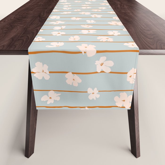 Peach Flowers On Green And Orange Vertical Stripes Background Pattern Table Runner