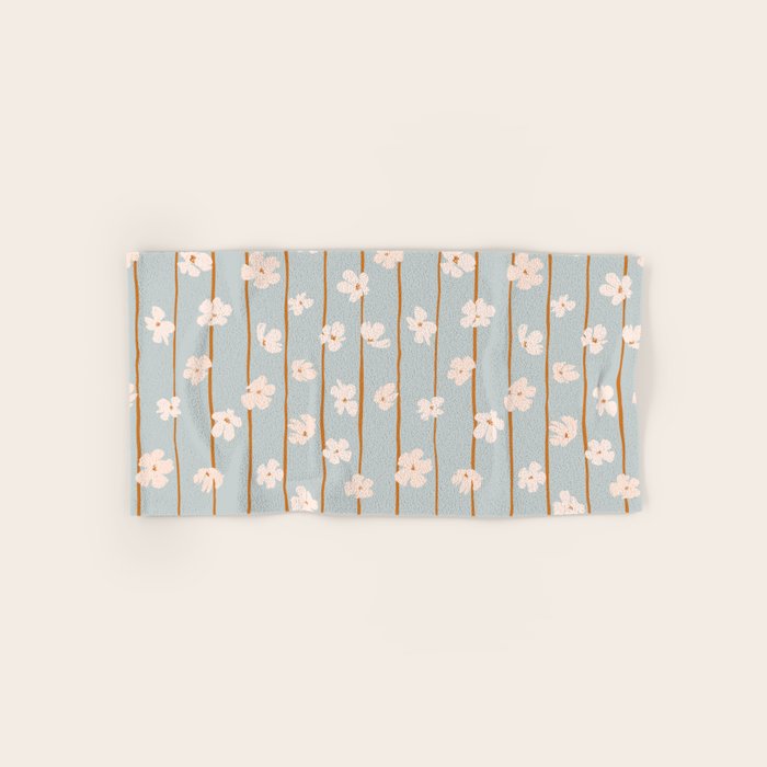 Peach Flowers On Green And Orange Vertical Stripes Background Pattern Bath Towel