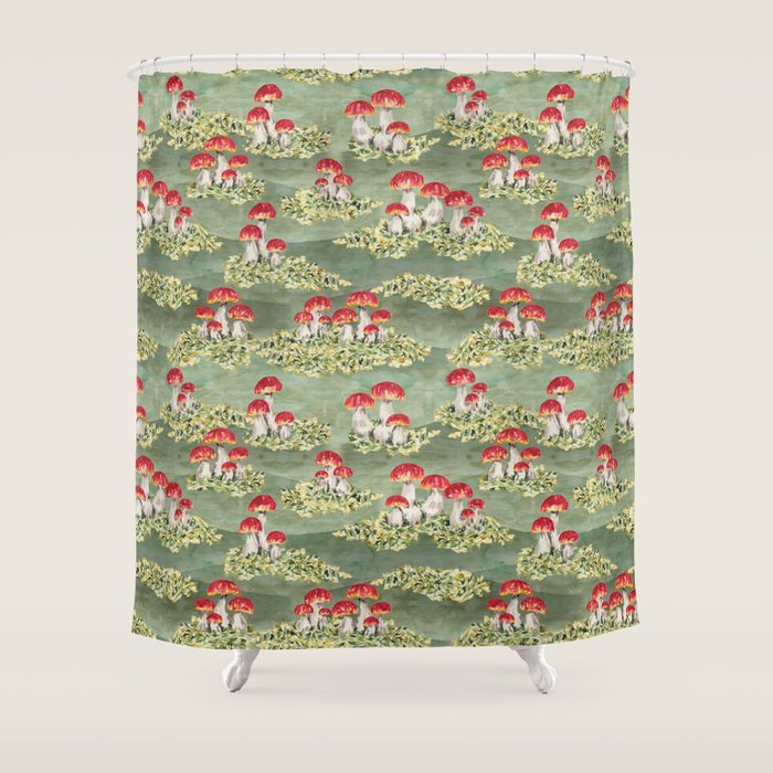 Watercolor Moss And Mushroom Mosaic Pattern Shower Curtain