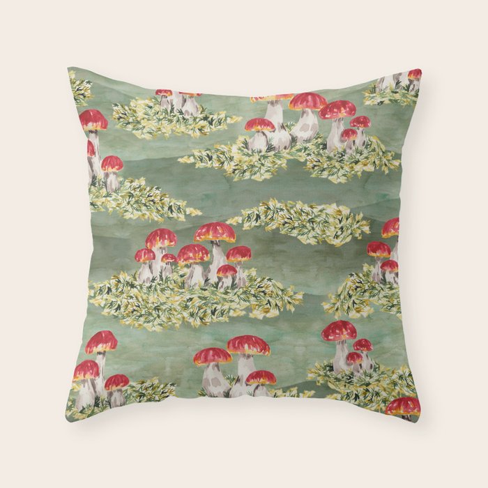 Watercolor Moss And Mushroom Mosaic Pattern Throw Pillow