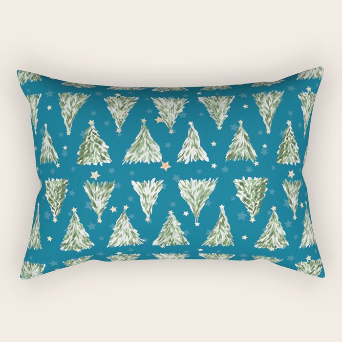 Holiday Christmas Tree Over Blue Peacock Pattern Rectangular Pillow