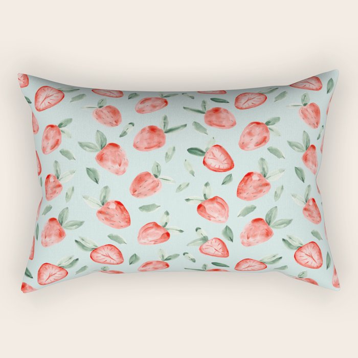 Watercolor Painting Of Tropical Strawberries On Light Greenish Blue Pattern Rectangular Pillow