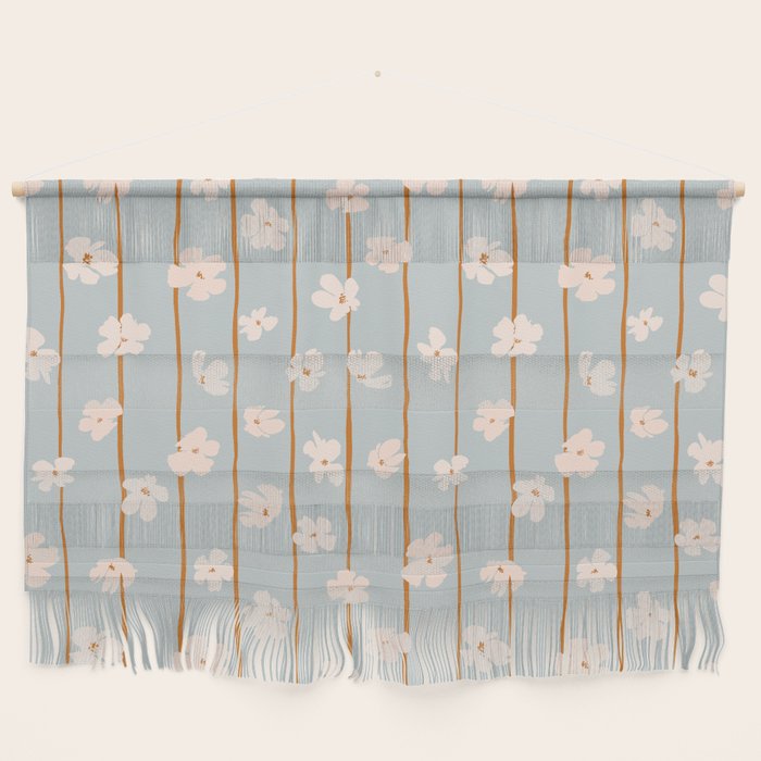 Peach Flowers On Green And Orange Vertical Stripes Background Pattern Wall Hanging