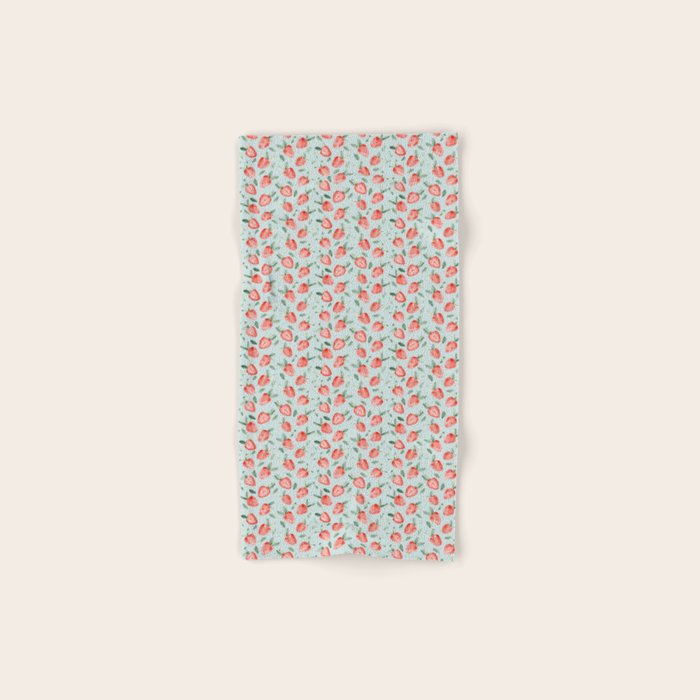 Watercolor Painting Of Tropical Strawberries On Light Greenish Blue Pattern Bath Towel