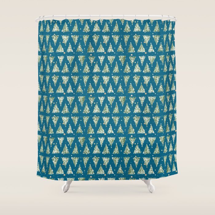 Holiday Christmas Tree Over Blue Peacock Pattern Shower Curtain