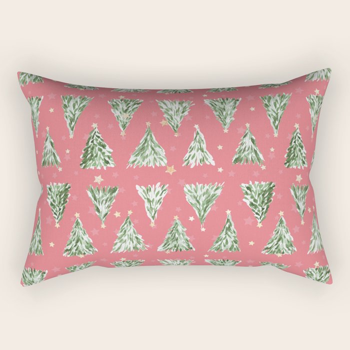 Holiday Christmas Tree Over Pink Watermelon Pattern Rectangular Pillow